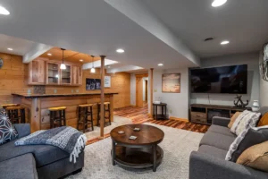 Lower Level and Bar/Arcade, 70” TV and electric fireplace.